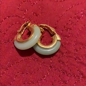 Trifari well made faux jade hoop clip on earrings